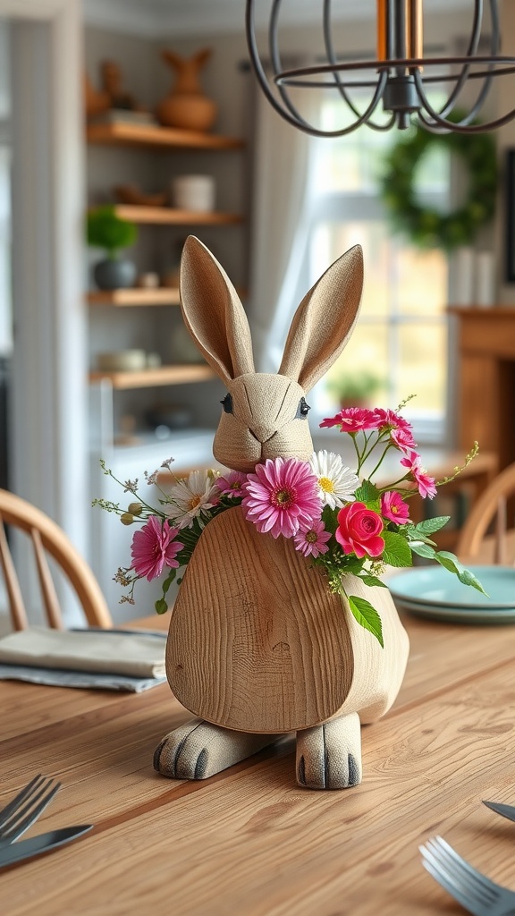 A wooden bunny centerpiece with flowers on a dining table