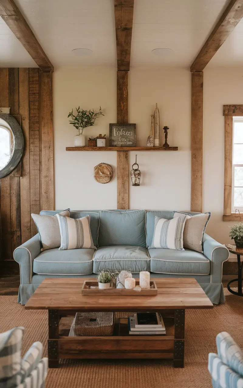 A cozy farmhouse living room featuring a light blue couch, wooden accents, and rustic decor.