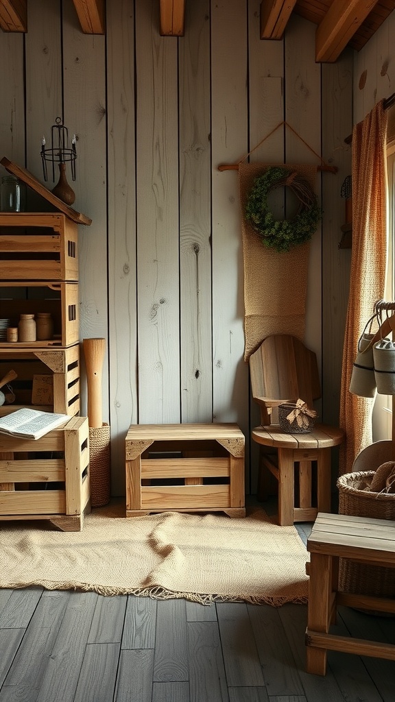 A rustic corner with wooden furniture, crates, and a wreath on the wall, creating a cozy atmosphere for Valentine's Day.