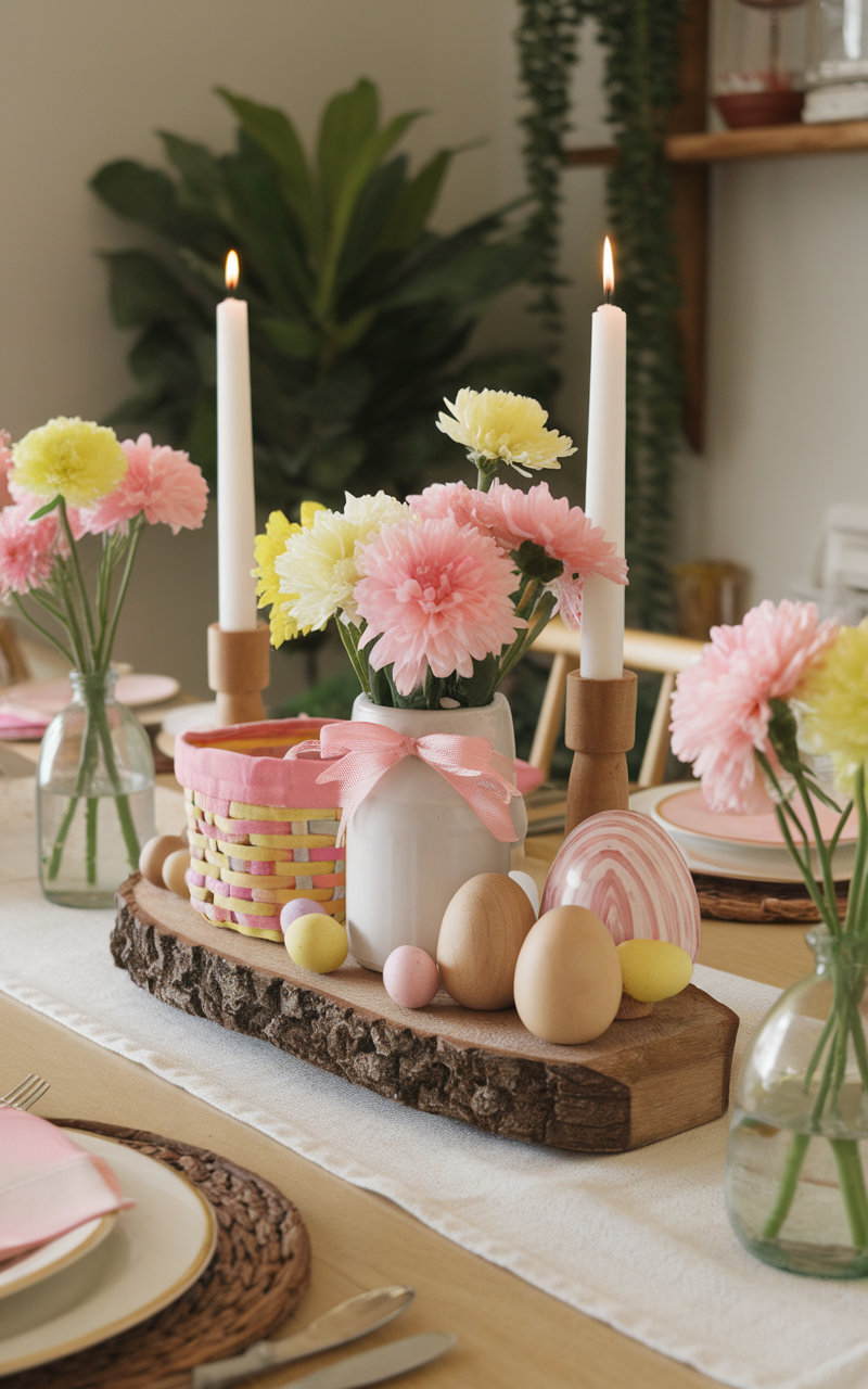 A rustic wooden centerpiece decorated with pumpkins and candles for Easter.