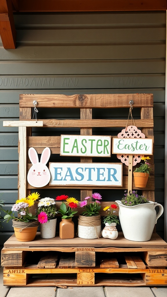 A rustic wood pallet decorated for Easter with colorful flowers, bunny decorations, and festive signs.