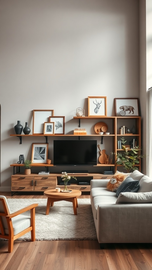 Cozy living room with rustic wooden accents, showcasing a warm and inviting decor