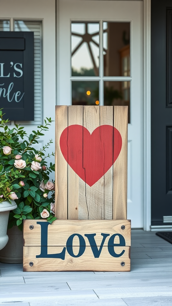 A charming porch decorated with rustic wooden signs and flowers for Valentine's Day.