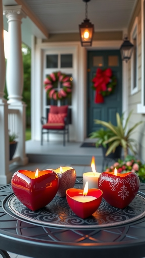 A cozy porch decorated with heart-shaped scented candles on a table, surrounded by festive decor.