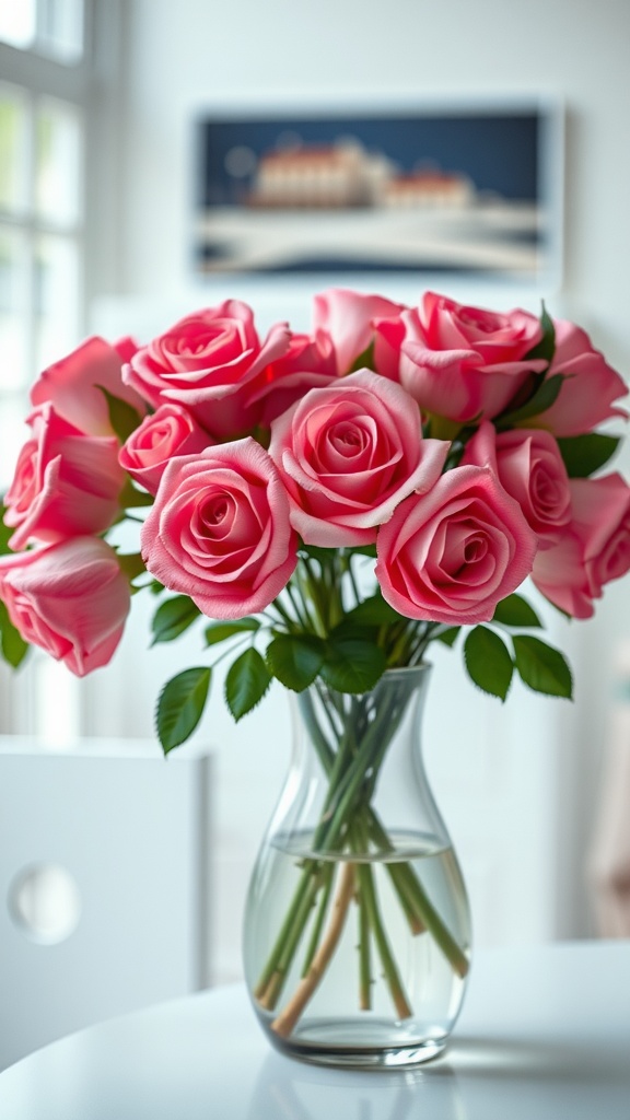 A bouquet of pink roses in a clear vase