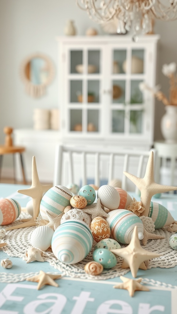 A collection of seashell Easter eggs in various pastel colors, surrounded by starfish and shells, creating a coastal-themed Easter decor centerpiece.