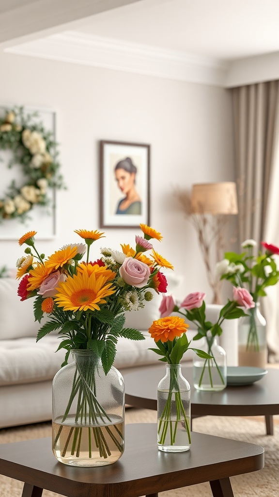 A cozy living room decorated with colorful floral arrangements for Valentine's Day.