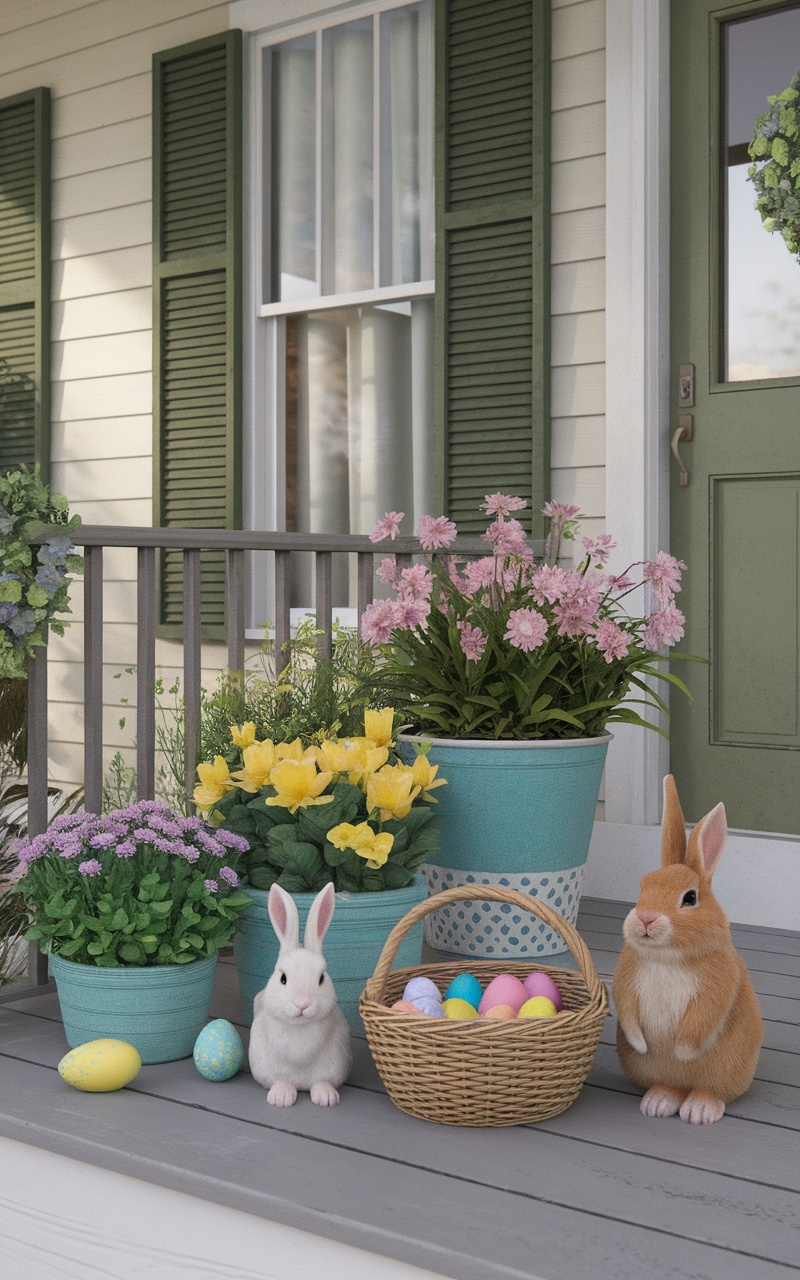 Seasonal front porch decor featuring colorful flowers, Easter eggs, and bunnies