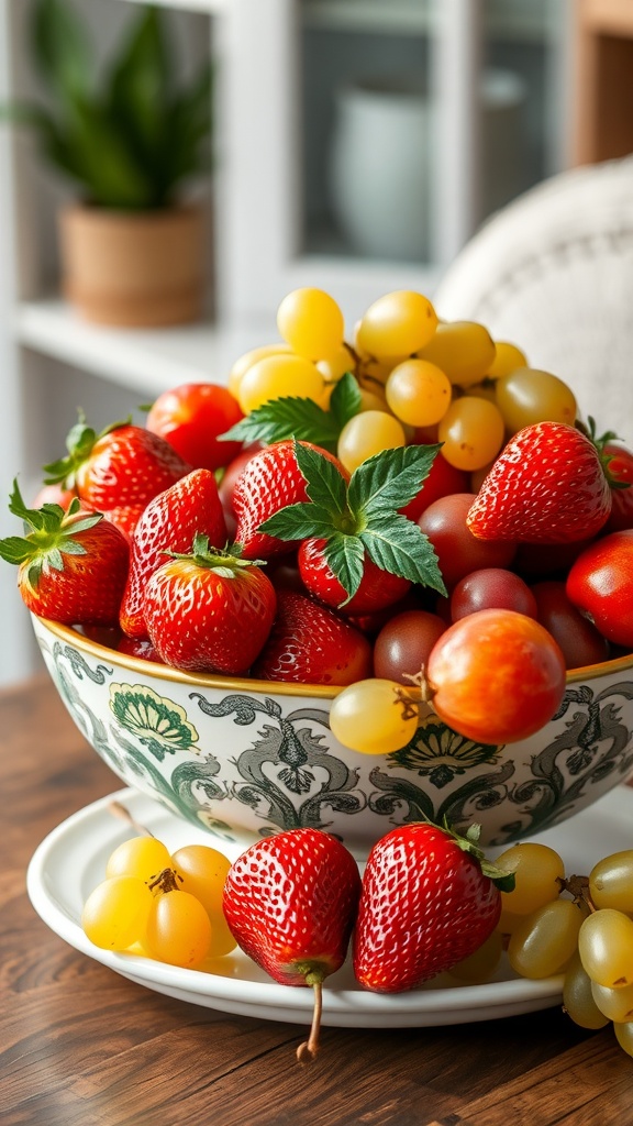 A bowl filled with fresh strawberries, grapes, and cherries on a wooden table.