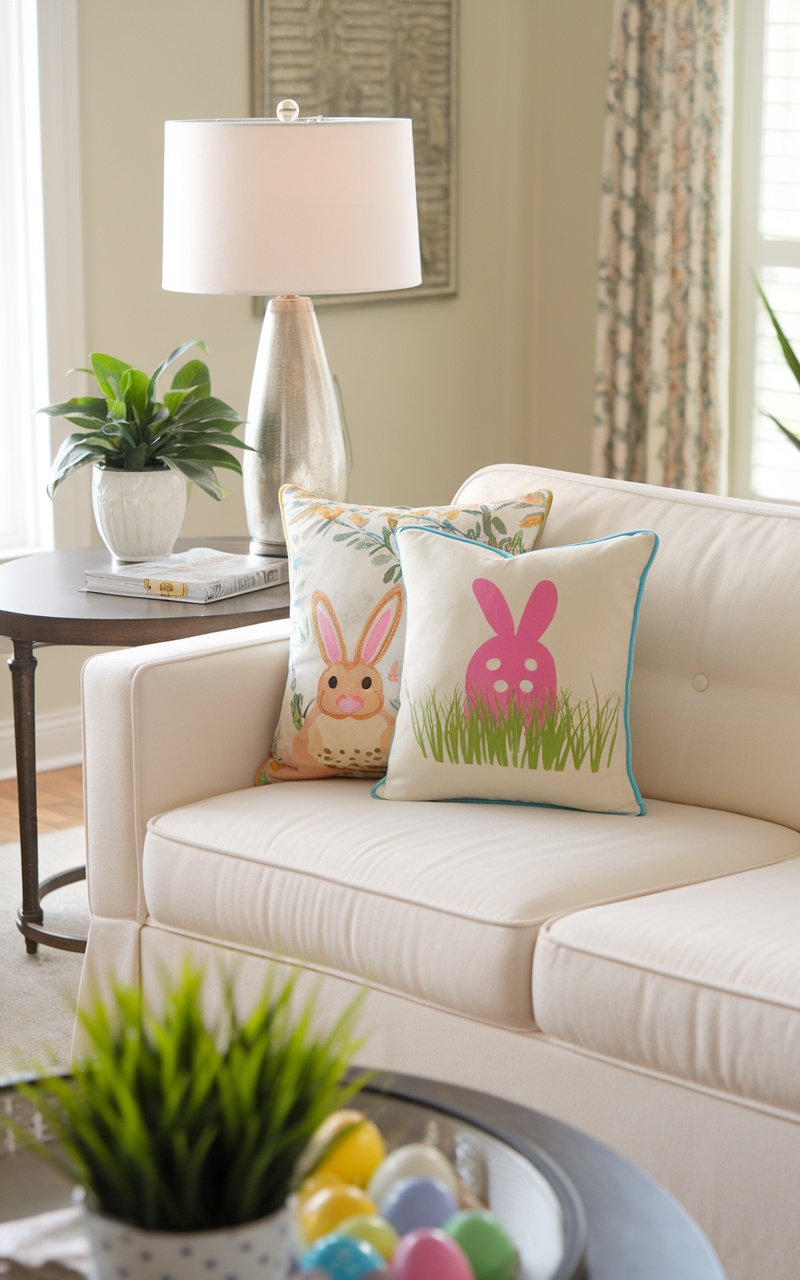 Two colorful Easter-themed pillows on a white sofa with a plant and a table featuring Easter eggs.