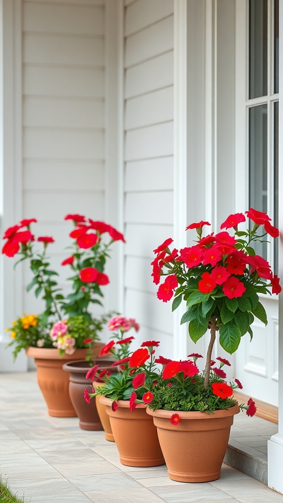 Vibrant red flowers in clay pots on a porch, creating a romantic atmosphere for Valentine's Day