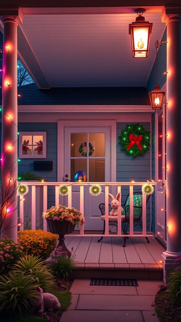 A beautifully decorated Easter porch with colorful lights, a wreath, and festive decorations.