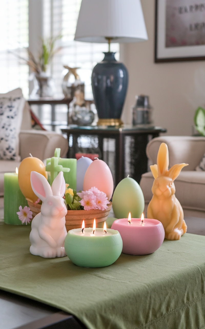 A cozy table setting with pastel-colored candles, decorative bunnies, and Easter eggs.