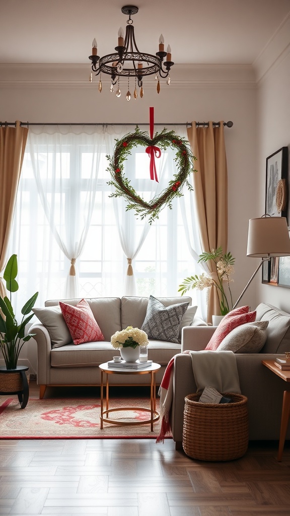 A heart-shaped wreath hanging in a cozy living room decorated for Valentine's Day.