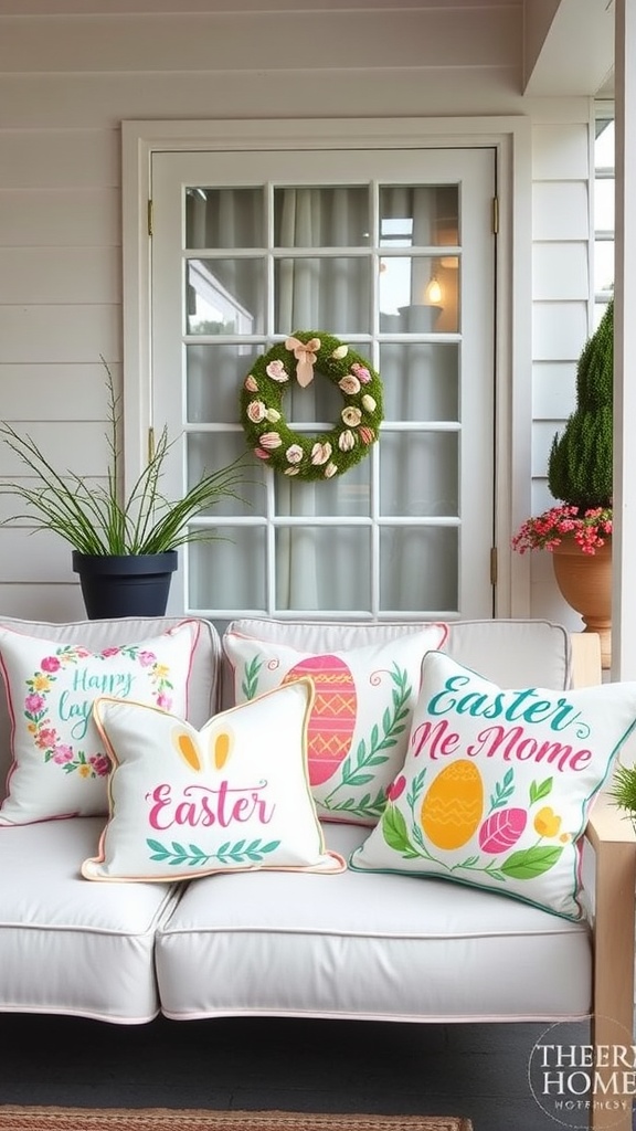 Colorful Easter throw pillows with festive designs on a porch couch.