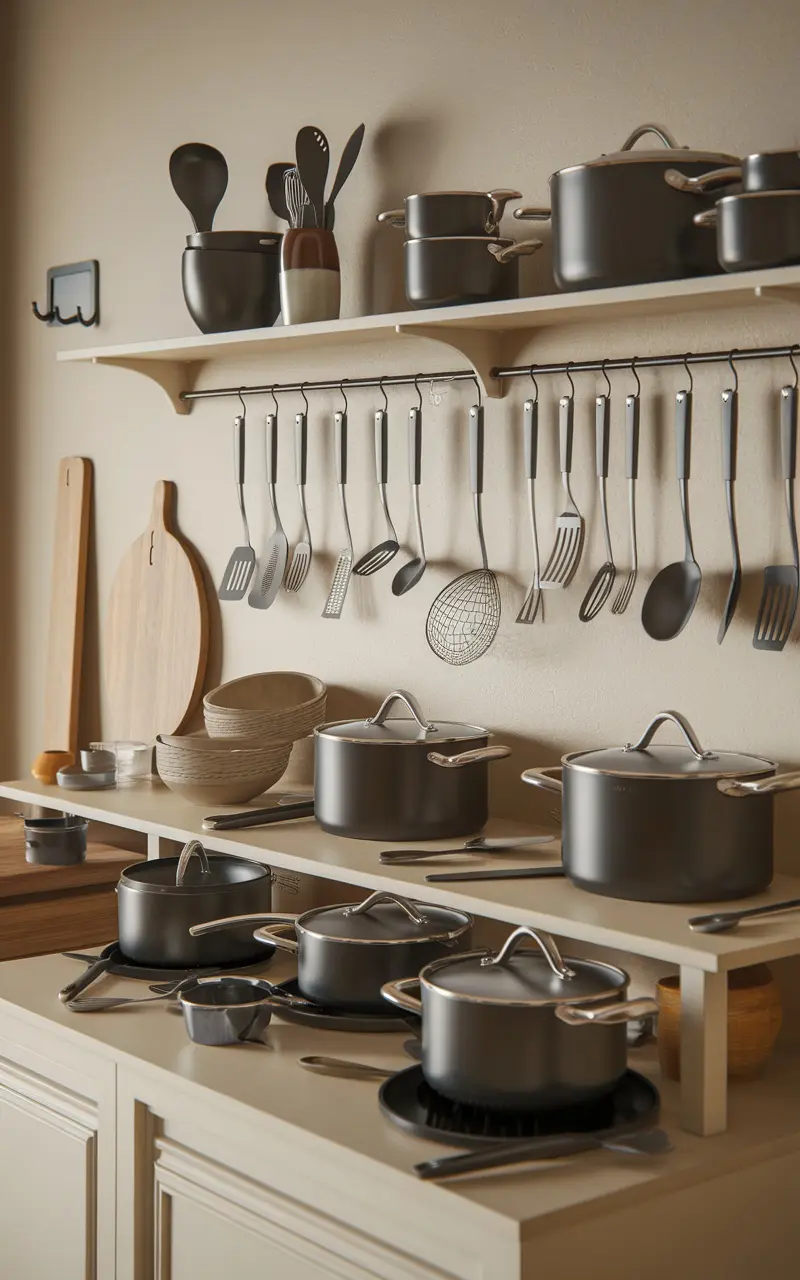 A well-organized Scandi style kitchen showcasing quality kitchenware including pots, utensils, and wooden items on open shelves.