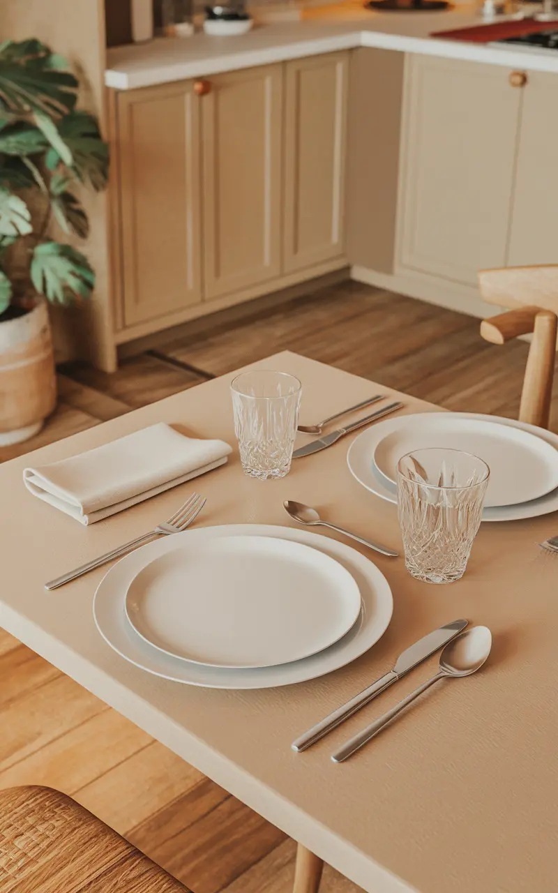 A simple table setting in a Scandi style kitchen featuring neutral plates, elegant glassware, and minimal utensils.