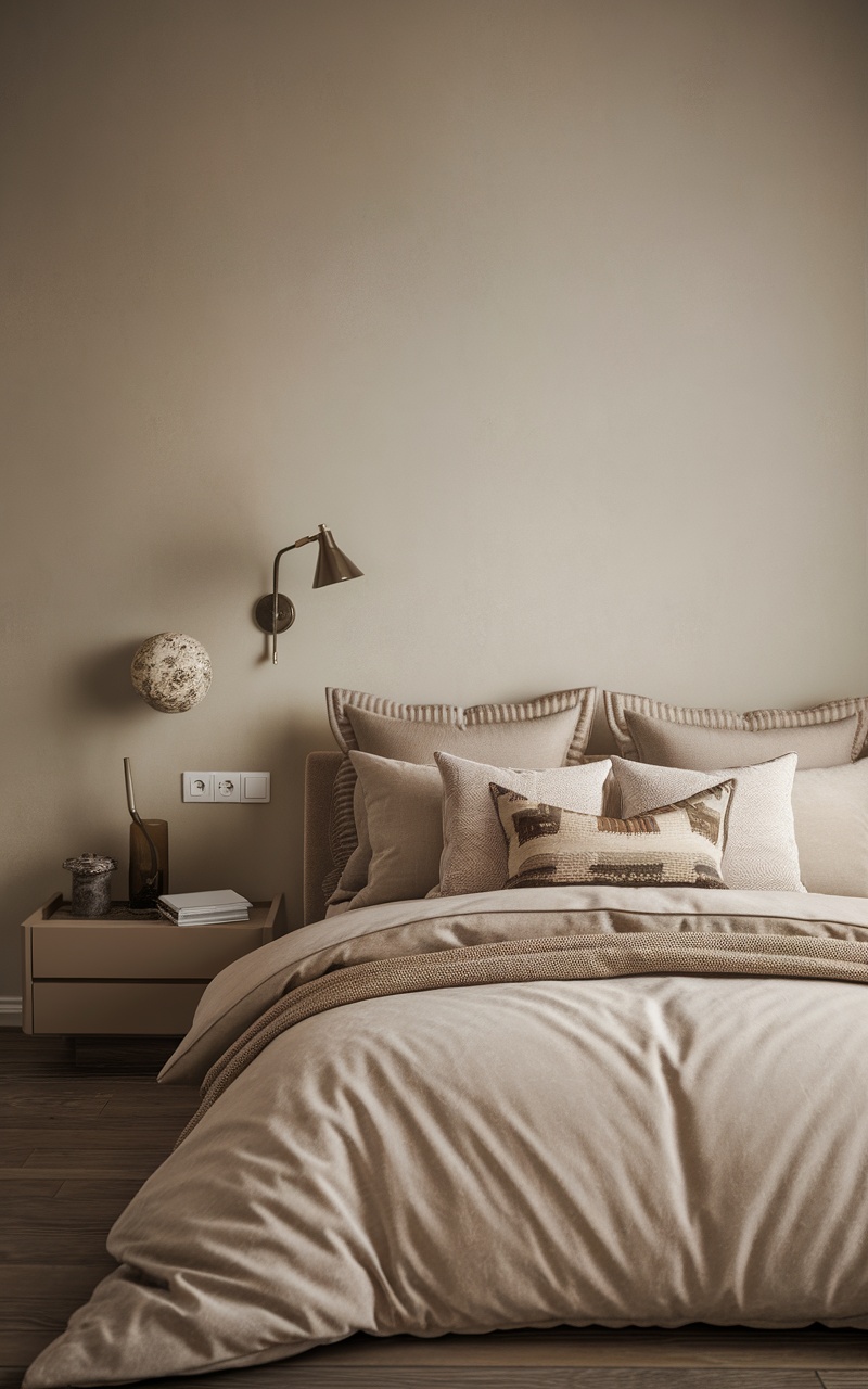 Cozy small beige bedroom with layered bedding and pillows