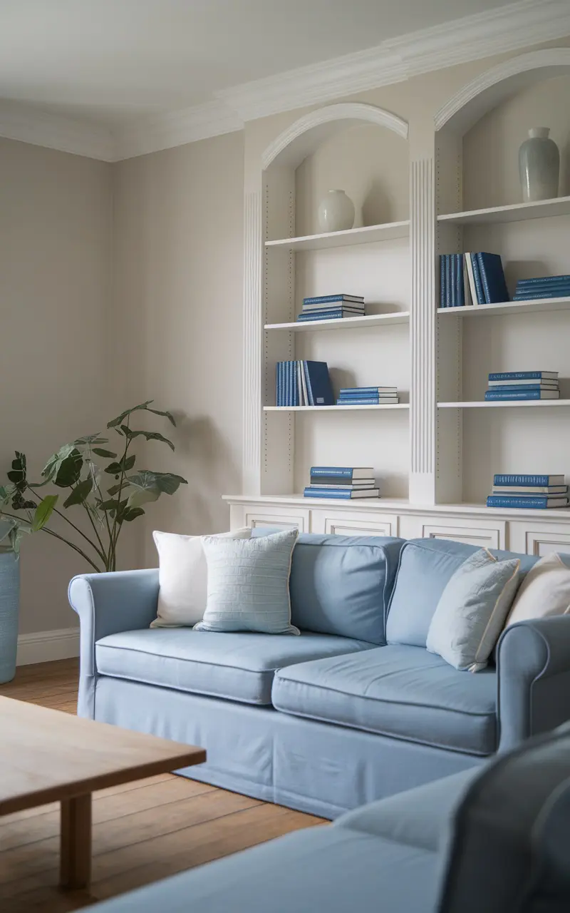 Light blue couch with cushions in a serene living room setting, featuring a plant and bookshelves.