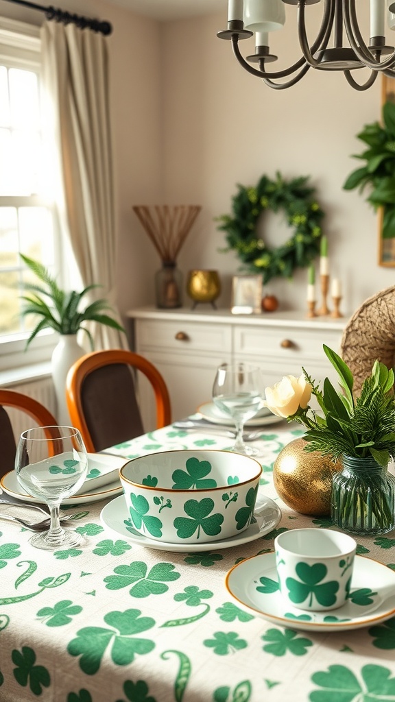 A dining table decorated with shamrock-patterned tableware, featuring green bowls and plates on a shamrock tablecloth, accompanied by decorative plants and candles.