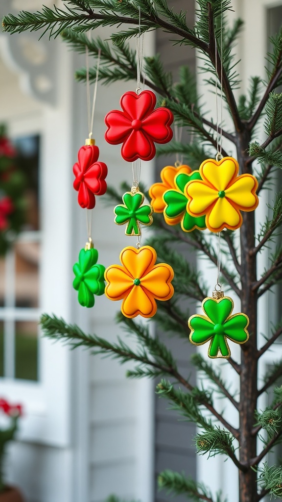 Colorful shamrock ornaments hanging on a tree for St. Patrick's Day decoration