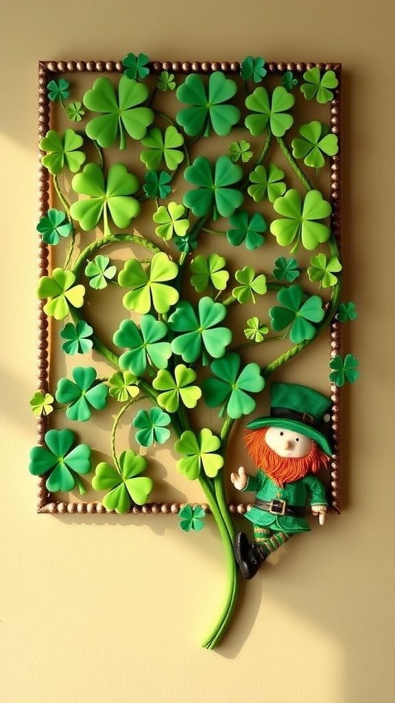 Shamrock wall art decoration with leprechaun figures and green decor for St Patrick's Day.