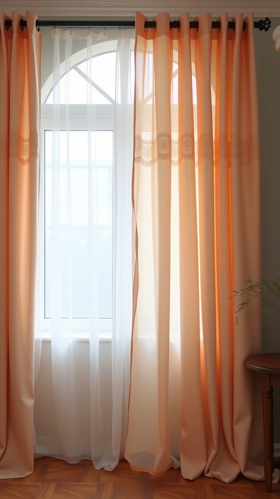 Peach and white silk drapery framing a window, creating a soft and romantic atmosphere.