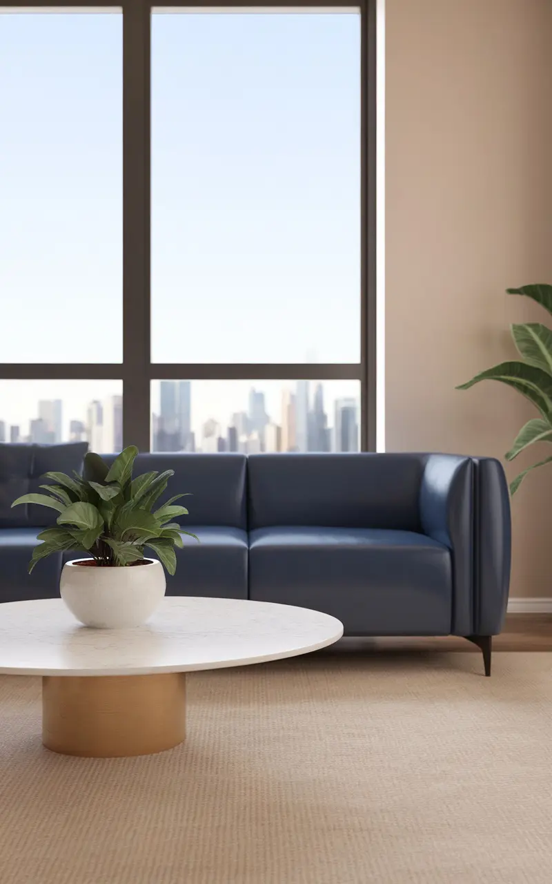 A modern living room featuring a blue couch, round marble coffee table, and large windows showcasing a city view.