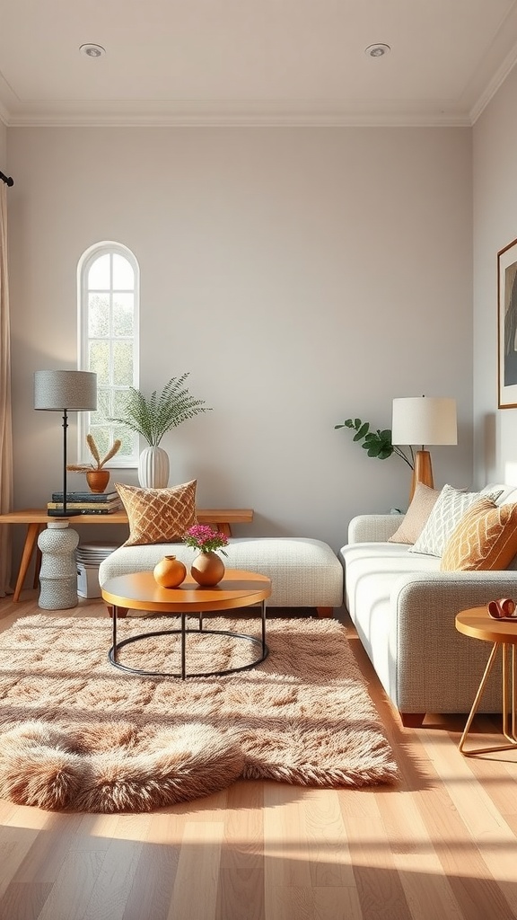 Cozy living room with soft textures, featuring a plush rug, stylish coffee table, and cozy decor elements for Valentine's Day.