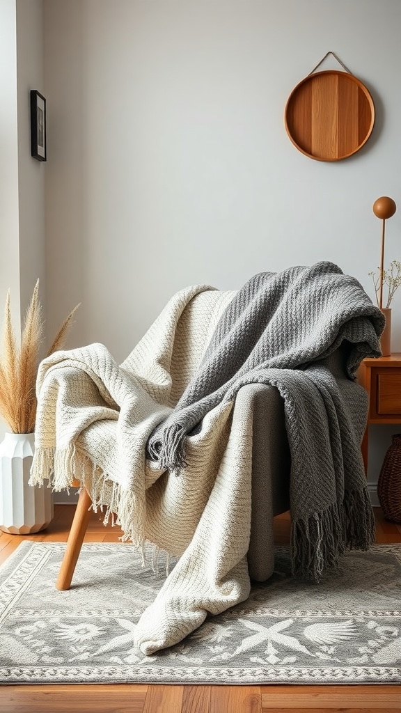 A cozy setup featuring soft throw blankets on a chair, with a warm color palette and stylish decor elements.