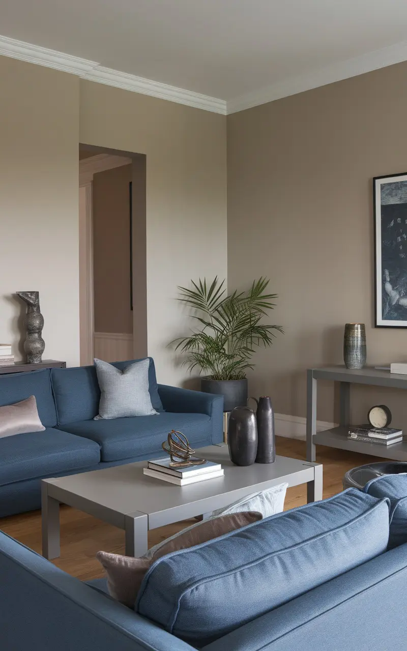 A modern living room featuring a blue couch with grey accents, neutral walls, and decorative elements.