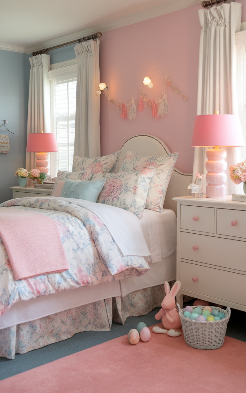 A beautifully decorated bedroom with pastel colors, floral patterns, and Easter-themed decor including eggs and a bunny plush.