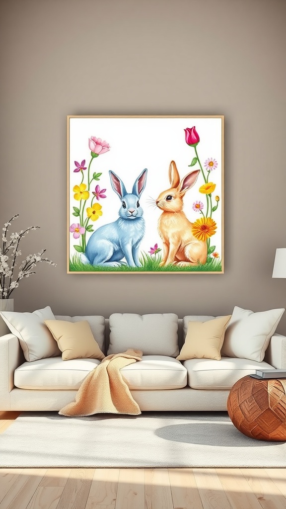 Spring-inspired wall art featuring two bunnies surrounded by flowers