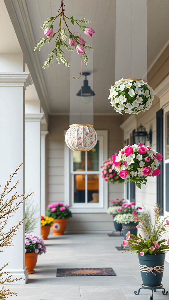 Spring-themed hanging decor on a porch featuring floral arrangements and colorful pots of flowers.