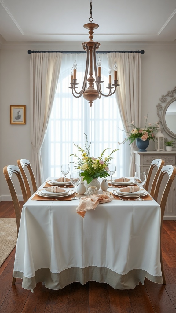 A beautifully set table for Easter with flowers, elegant tableware, and a clean white tablecloth, showcasing spring-themed decor.