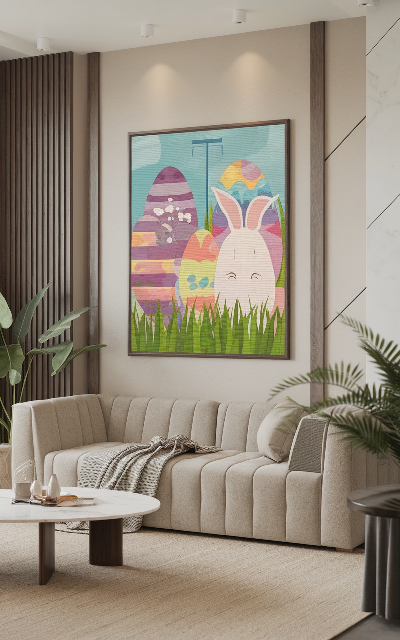 A colorful spring-themed wall art featuring Easter eggs and a bunny in a modern living room setting.