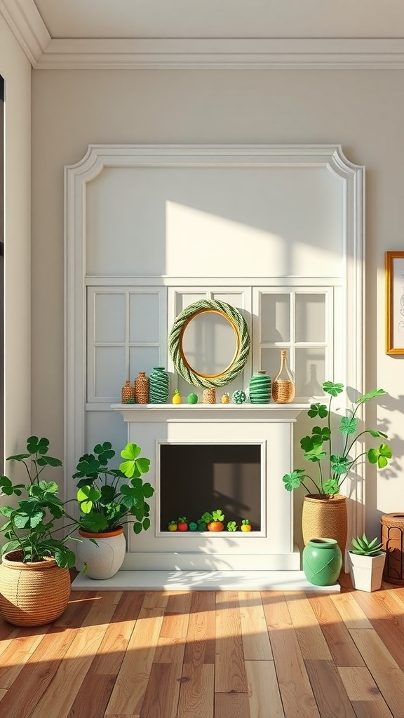 A cozy and festive mantel decorated for St. Patrick's Day with plants and themed decor.