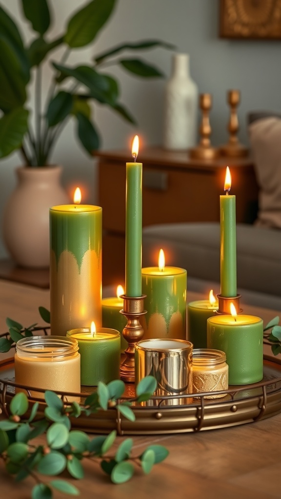 An arrangement of green and gold St. Patrick's Day-themed candles set on a tray with greenery, creating a festive atmosphere.