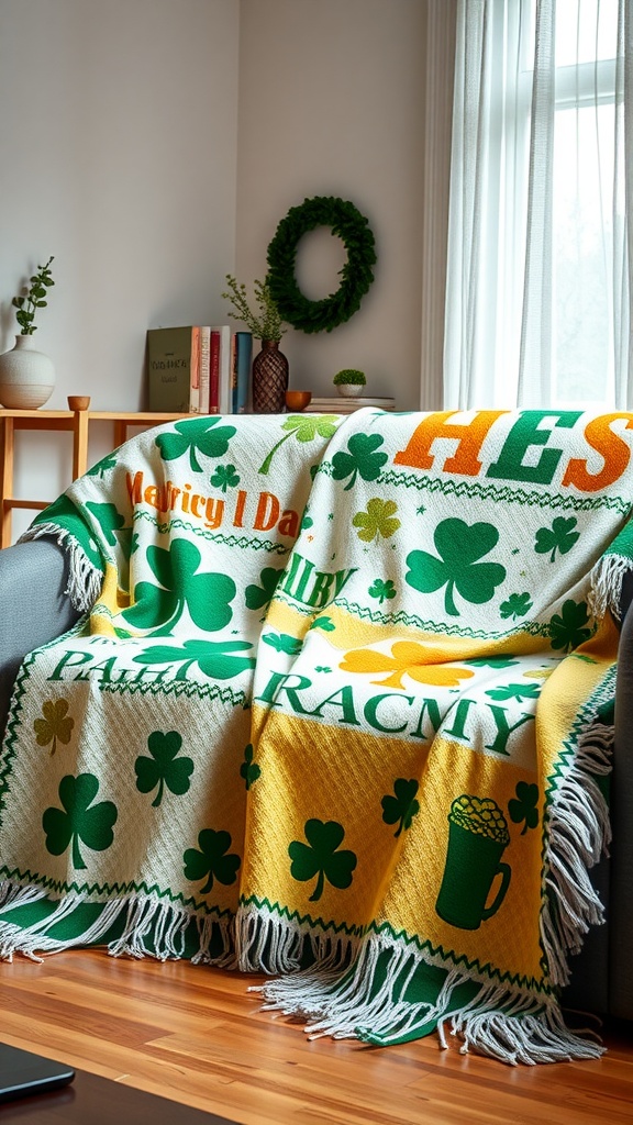 A St. Patrick's Day-themed throw blanket with shamrock designs on a couch.