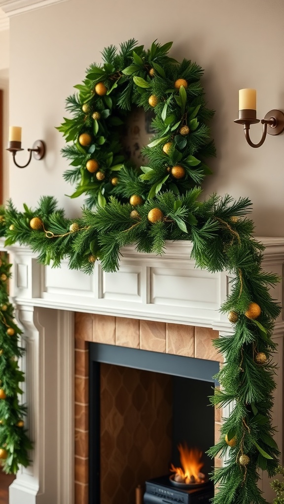 A festive St. Patrick's Day garland with lush greenery and gold accents, displayed on a mantel above a cozy fireplace.