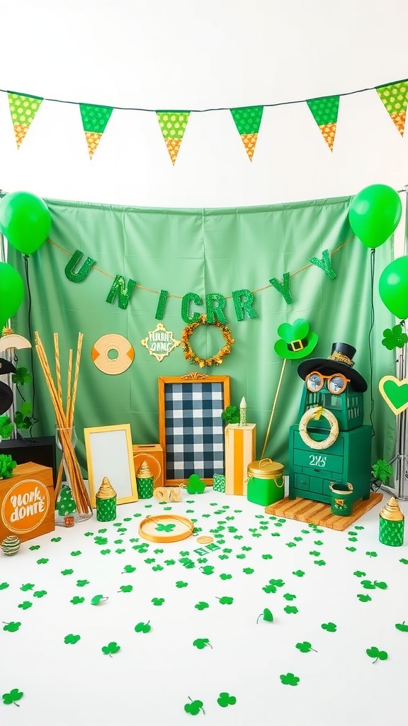 A festive St. Patrick's Day photo booth setup featuring green decorations, props, and shamrock confetti.