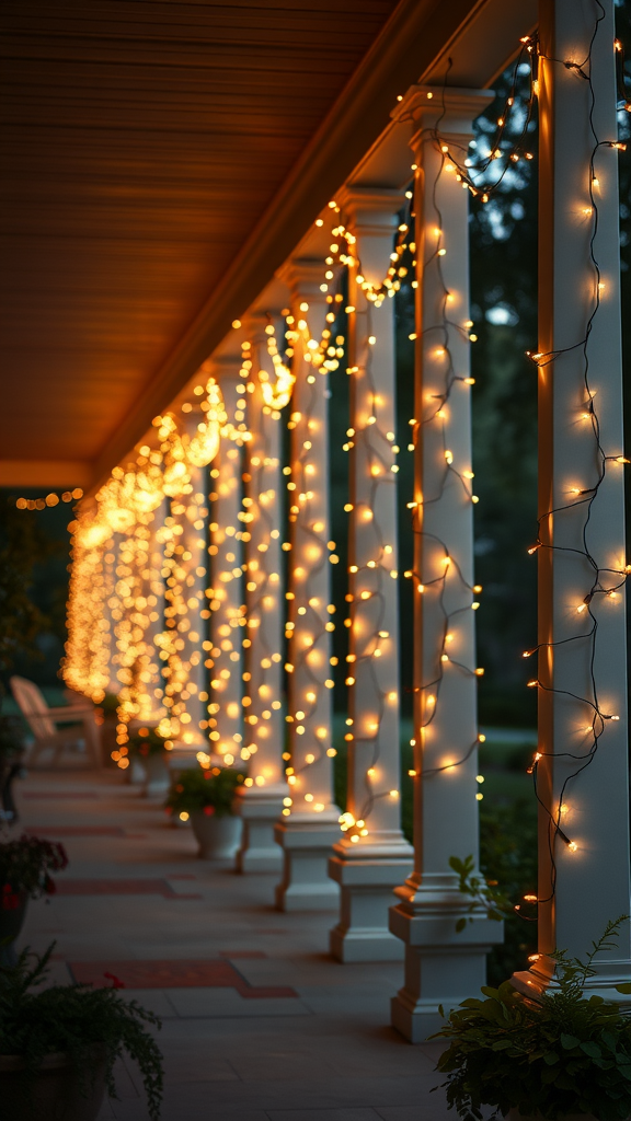 A beautifully decorated porch with string lights wrapped around columns, creating a romantic atmosphere.