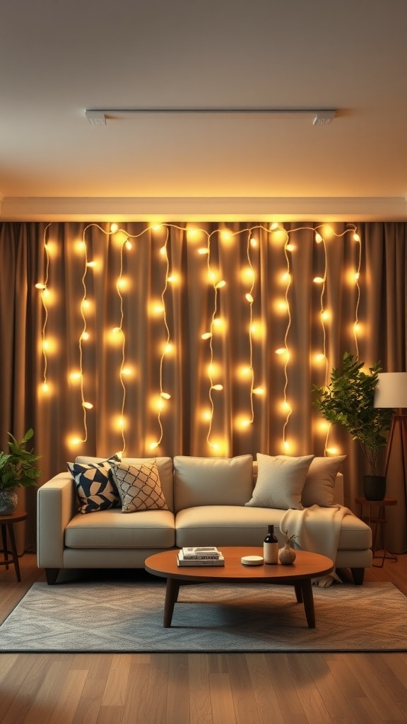 Living room decorated with string lights, creating a cozy atmosphere