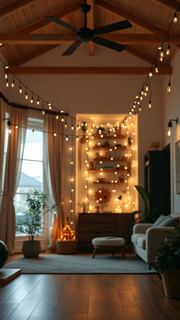 Cozy room decorated with string lights overhead, creating a warm atmosphere.