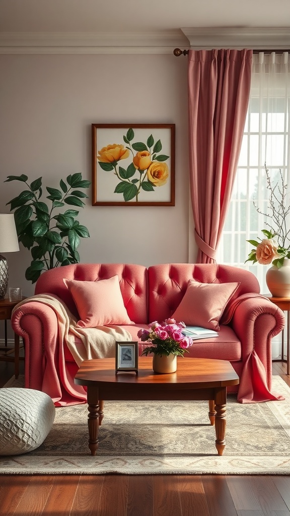 Stylish love seat arrangement in a cozy living room with pink decor and flowers.