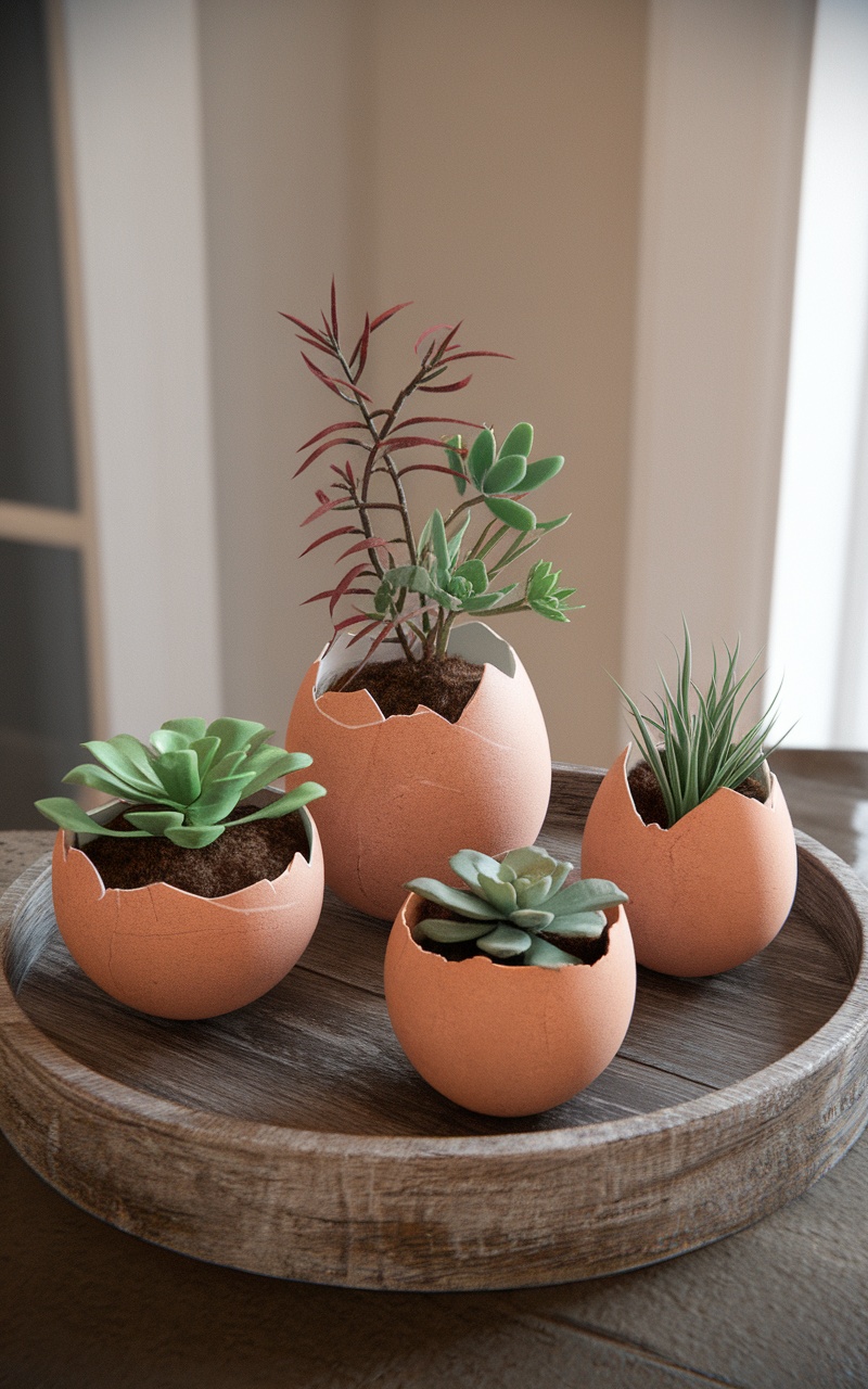 A collection of succulent plants in eggshell planters arranged on a wooden tray, showcasing a creative Easter centerpiece.