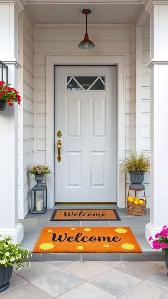 A bright orange welcome mat with polka dots on a porch, surrounded by flowers and decorative elements.