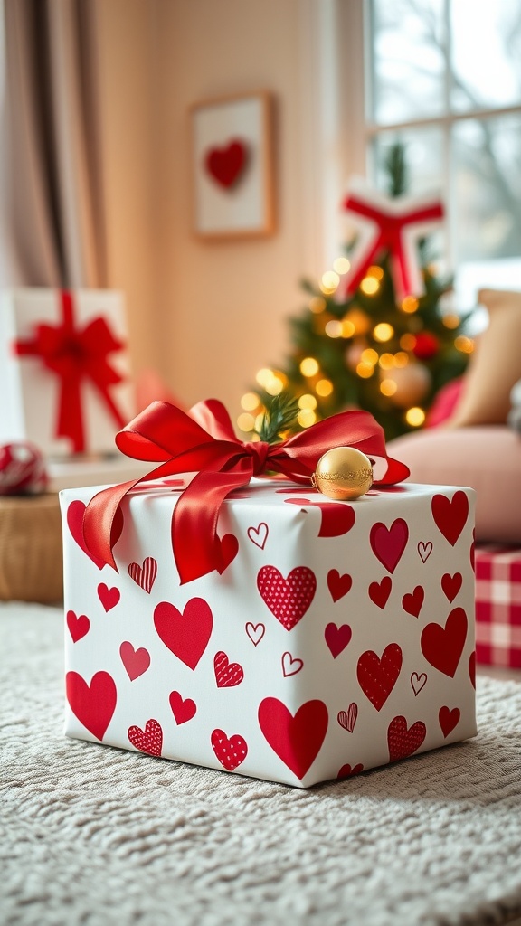 A beautifully wrapped gift for Valentine's Day, featuring a white box with red heart patterns and a large red ribbon.