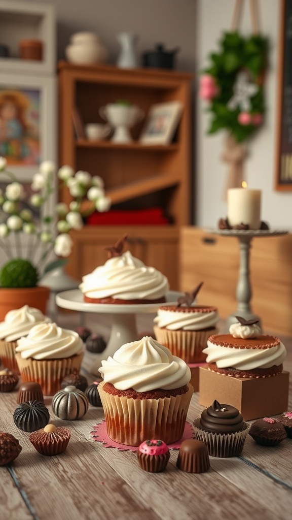 A beautiful display of cupcakes and chocolates for Valentine's Day.