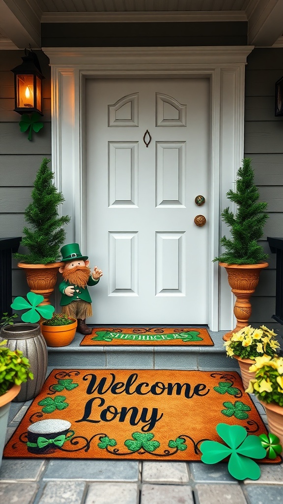 A festive door mat reading 'Welcome Lony' with shamrocks and decorative plants, enhancing the St. Patrick's Day theme.